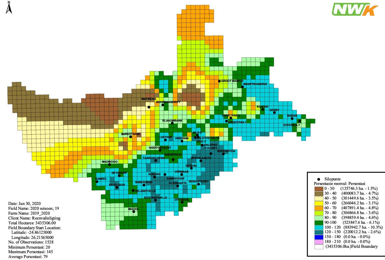 Figuur 3: Die 2019/2020-seisoen se reënval as persentasie van die gemiddeld.