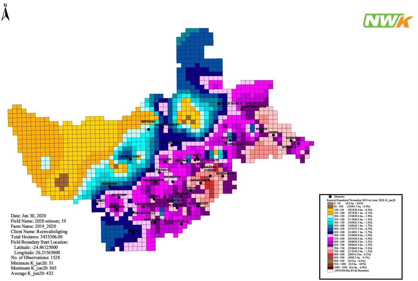 Figuur 2: Die kumulatiewe reënval vir die 2019/2020-seisoen.